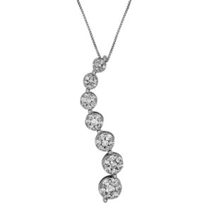 Vintage 14k white gold cluster drop journey pendant necklace set with 0.70 carats of round brilliant cut earth-mined diamonds on an 18” box chain.