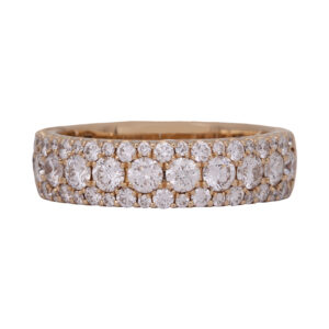 New 14k yellow gold three row band set with 1.42 carats of round brilliant cut earth-mined diamonds.