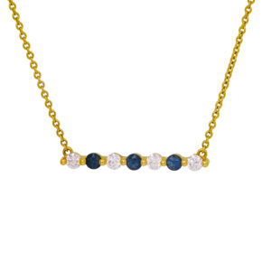 New 14k yellow gold horizontal bar pendant necklace set with 0.29 carats of round brilliant earth-mined diamonds plus 0.31 carats of round brilliant blue sapphires on an 18” cable chain.