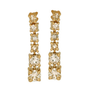Vintage 14k yellow gold drop earrings set with 1.10 carats of round brilliant cut earth-mined diamonds.