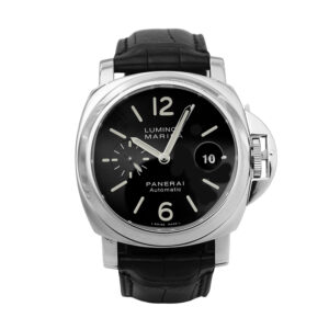 Pre-Owned Panerai Luminor Marina Watch, 44mm in stainless steel with a black arabic dial, smooth bezel, black leather strap, folding clasp, and automatic movement with box & card.