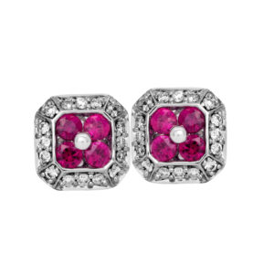 Vintage 14k white gold square halo stud earrings set with 0.80 carats of round brilliant cut rubies plus 0.23 carats of round brilliant earth-mined diamonds.