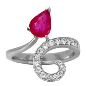 Vintage 18k white gold bypass swirl ring featuring a 1.35 carat pear cut ruby plus 0.24 carats of round brilliant earth-mined diamonds.