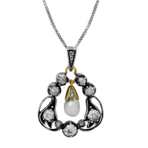 Victorian silver & 10k yellow gold drop pendant featuring a pearl plus 1.05 carats of old mine cut, old European cut, and rose cut earth-mined diamonds. Shown on an 16-22" adjustable sterling silver box chain