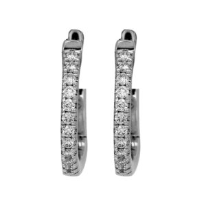 New 14k white gold huggie hoop earrings set with 0.12 carats of round brilliant cut earth-mined diamonds.