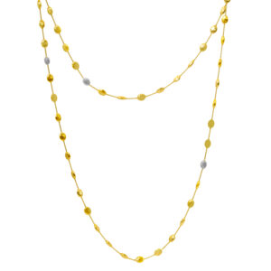 Vintage 18k yellow gold Marco Bicego Siviglia bean necklace set with 1.50 carats of round brilliant earth-mined diamonds on a 54.5" chain.