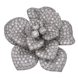 Vintage 18k white gold rose flower ring set with 10.09 carats of round brilliant cut earth-mined diamonds.