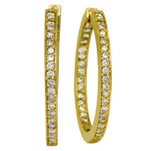 Vintage 14k gold inside out hoop earrings set with 1.76 carats of round brilliant earth-mined diamonds.