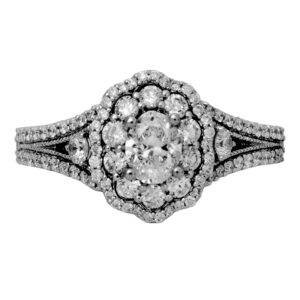 Vintage 14k white and yellow gold engagement ring set with a 0.40 carat oval cut diamond plus 0.82 carats of round brilliant diamonds.