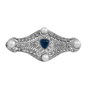 Vintage 18k white gold brooch set with 2.02 carats of old mine cut diamonds plus a 1.00 carat blue sapphire plus pearls.