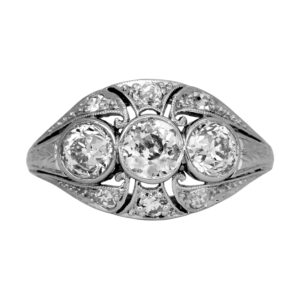 Art-Deco platinum ring set with 1.22 carats of Old European Cut earth-mined diamonds plus 0.16 carats of Single Cut earth-mined diamonds.