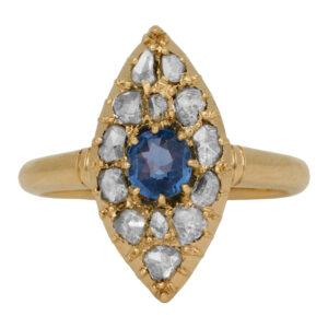 Antique 16k yellow gold marquise shaped cluster ring set with a 0.28 carat oval cut blue sapphire plus 0.33 carats of rose cut diamonds.