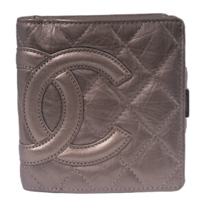 Vintage Chanel Cambon metallic bronze quilted leather folding wallet with box and authenticity card.