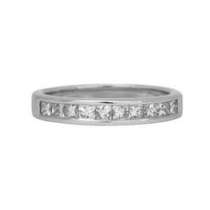 Vintage 18k white gold channel set band set with 0.68 carats of princess cut earth-mined diamonds.