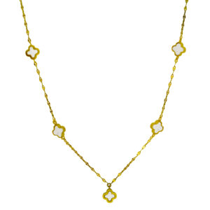 Vintage 14k yellow gold clover station necklace set with mother-of-pearl on an 18” chain.