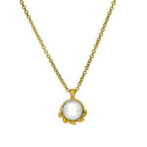 Vintage 18k yellow gold Tiffany & Co. Paloma Picasso Olive Leaf necklace set with pearls on a 16” chain.