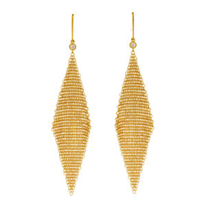 Vintage 18k yellow gold mesh drop earrings set with 0.10 carats of round brilliant earth-mined diamonds.