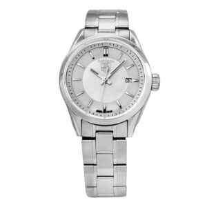 Pre-owned TAG Heuer Carrera watch, 27mm in stainless steel with a mother-of-pearl dial, sapphire crystal, hidden folding clasp, and quartz.