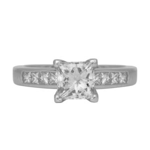 Vintage 18k white gold engagement ring set with a 1.12 carat princess cut diamond plus 0.48 carats of princess cut diamonds.