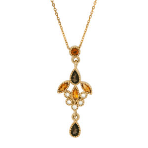 Vintage 14k yellow gold drop pendant set with 1.00 carat of round brilliant, marquise, and pear cut citrines and smokey quartzes, plus 0.13 carats of round brilliant diamonds.