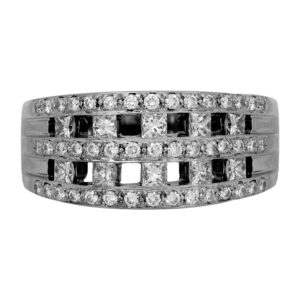 Vintage 14k white gold wide cut-out ring set with 1.50 carats of round brilliant and princess cut diamonds.