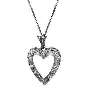 Vintage 14k white gold open heart pendant necklace set with 0.25 carats of single cut earth-mined diamonds on a 16” cable chain.