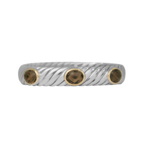 Vintage sterling silver and 18k yellow gold David Yurman Renaissance three-stone cuff bracelet set with three 9.4 x 7.5mm oval earth-mined smokey quartz.