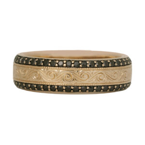 Vintage 14k yellow gold Neil Lane wave band set with 0.50 carats of round brilliant earth-mined black diamonds.