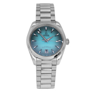 stainless steel watch with a turquoise sunburst fade dial