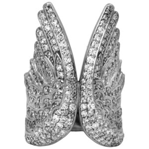 Vintage 18k white gold angel wings ring set with 4.50 carats of round brilliant diamonds.