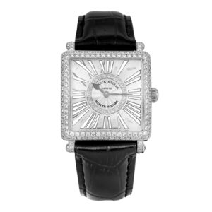 Pre-owned Franck Muller Master Square watch, 29mm in 18k white gold with a silver dial, sapphire crystal, diamond bezel, diamond lugs, black leather strap with a diamond tang buckle, and automatic movement.