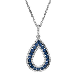 Vintage 18k white gold pear shaped pendant set with 1.40 carats of round brilliant blue sapphires plus 0.96 carats of round brilliant earth-mined diamonds on an 18" rope chain necklace.