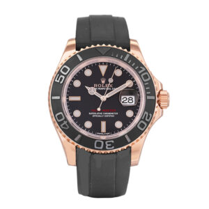 Pre-owned Rolex Yacht-Master watch, 40mm in rose gold with a black dial, black ceramic bezel, Oysterflex rubber strap, fliplock folding clasp, and automatic movement.