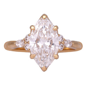 New 14k yellow gold engagement ring centered with a 2.88 carat lab-grown marquise diamond plus 0.24 carats of lab-grown round brilliant & marquise diamonds.
