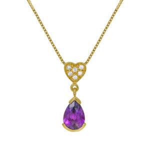 Vintage 14k yellow gold heart drop pendant set with a 1.26 carat pear amethyst and 0.09 carats of round brilliant earth-mined diamonds on a 16.5" box chain.