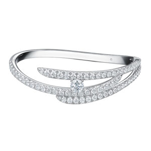 New 18k white gold Hearts On Fire Vela triple row bangle bracelet set with a 0.75 carat round brilliant earth-mined diamond center plus 5.15 carats of round brilliant earth-mined diamonds.