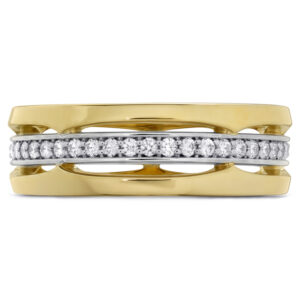 New 18k yellow and white gold Hearts On Fire Copley triple row band set with 0.36 carats of round brilliant earth-mined diamonds.