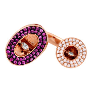Vintage 18k rose gold open ring set with 1.12 carats of round brilliant rubies plus 1.00 carat of round brilliant earth-mined diamonds.