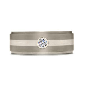 New titanium Hearts On Fire Commanding Grey inlay band set with 0.13 carats of round brilliant earth-mined diamonds.