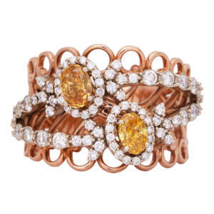 Vintage 18k rose gold halo scalloped band set with 1.58 carats of oval cut colored diamonds plus 1.00 carat of round brilliant earth-mined diamonds.