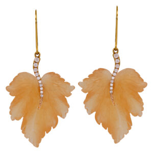 New 14k yellow gold Denny Wong Jasper Leaf earrings set with 29.61 carats of aragonites plus 0.14 carats of round brilliant earth-mined diamonds.