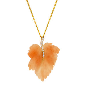 New 14k yellow gold Denny Wong Maple Leaf pendant set with a 14.86 carat peach quartzite plus 0.09 carats of round brilliant earth-mined diamonds.