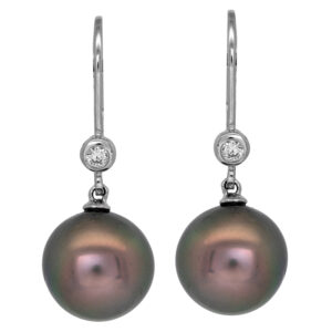 New 14k white gold Denny Wong drop earrings set with Tahitian pearls plus 0.05 carats of round brilliant earth-mined diamonds.