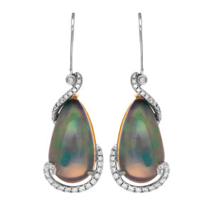 New 18k yellow and white gold Denny Wong drop earrings set with 10.33 carats of pear shaped opals plus 0.31 carats of round brilliant earth-mined diamonds.