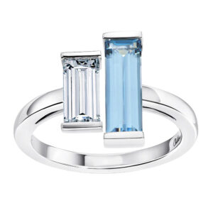 New 14k white gold Chatham ring set with a 1.59 carat baguette lab-grown aqua blue spinel plus 0.71 carats of lab-grown diamonds.