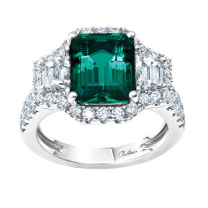 New 18k white gold Chatham ring set with a 4.10 carat emerald-cut lab-grown emerald plus 2.00 carats of straight baguette and round brilliant lab-grown diamonds.