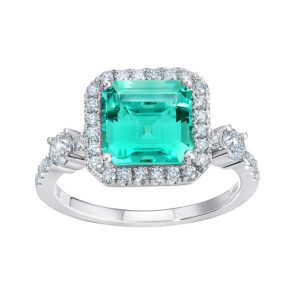 New 14k white gold Chatham halo ring set with a 3.10 carat octagon-cut lab-grown chrysoberyl plus 0.59 carats of round brilliant lab-grown diamonds.