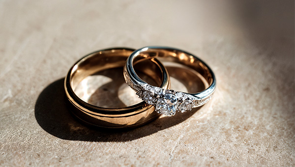 a close-up image of a wedding band and an engagement ring