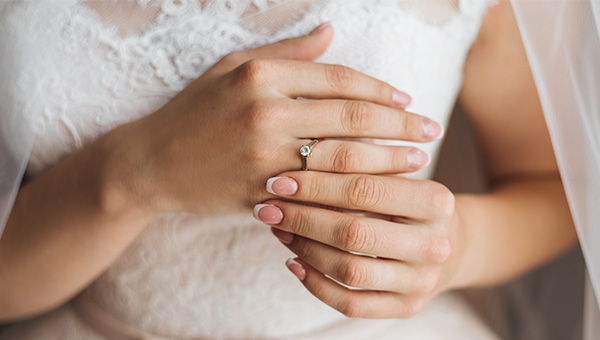 an image of a woman in a wedding dress touching a ring on her hand touching the ring with her opposite hand.