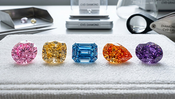 a close-up image of various colored lab-grown diamonds. 